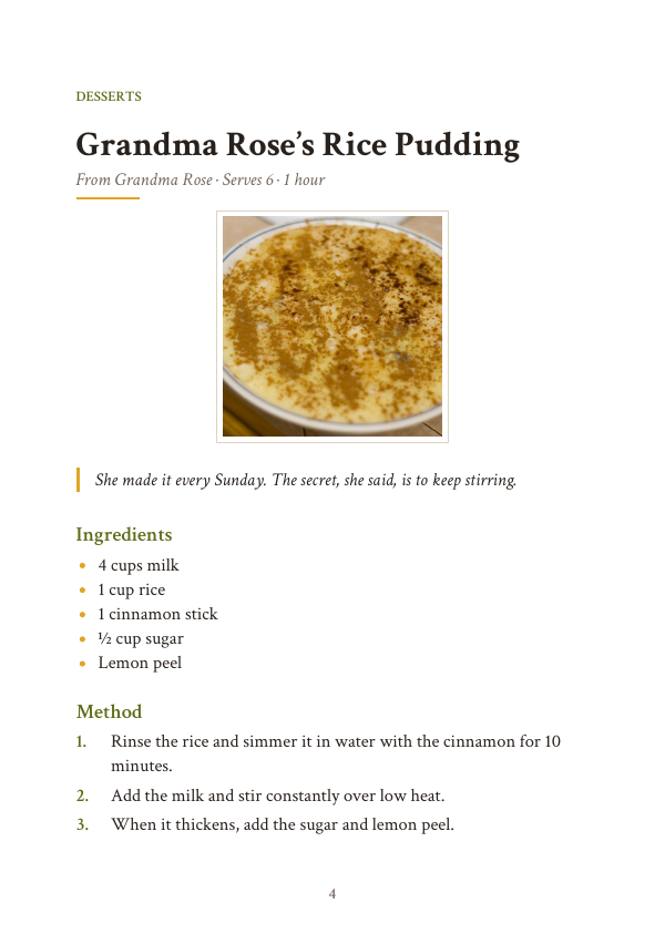 Sample page of a family recipe book made with Recetario