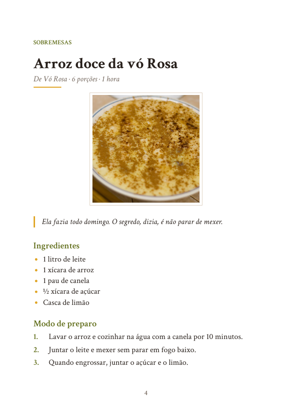 Página de exemplo de um livro de receitas da família feito no Recetario